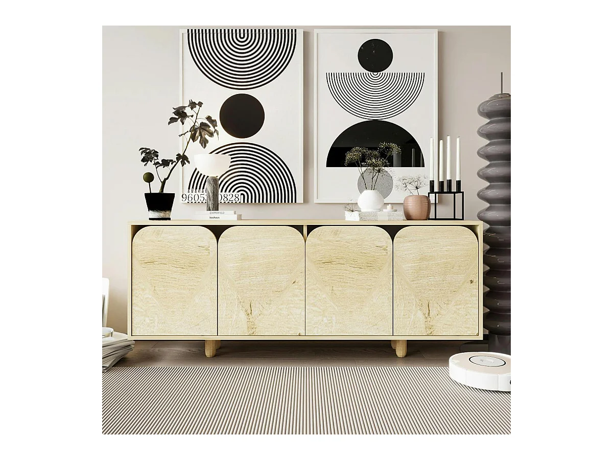 Buffet bas moderne effet bois 4 portes courbes VAREN