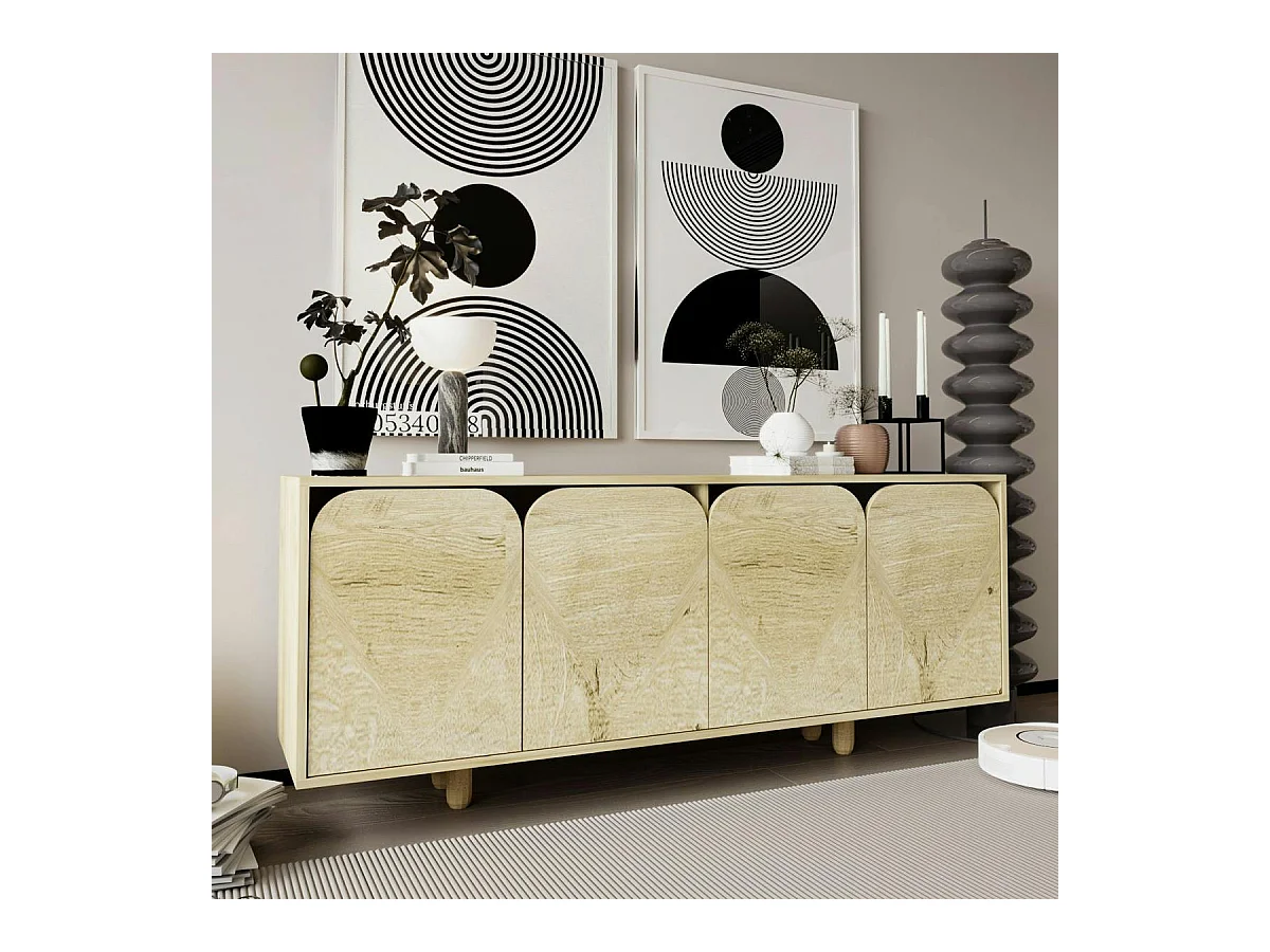 Buffet bas moderne effet bois 4 portes courbes VAREN