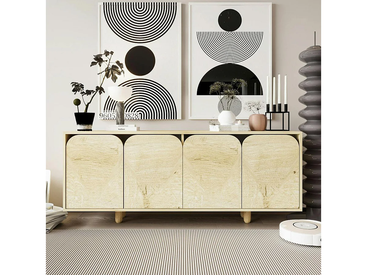 Buffet bas moderne effet bois 4 portes courbes VAREN