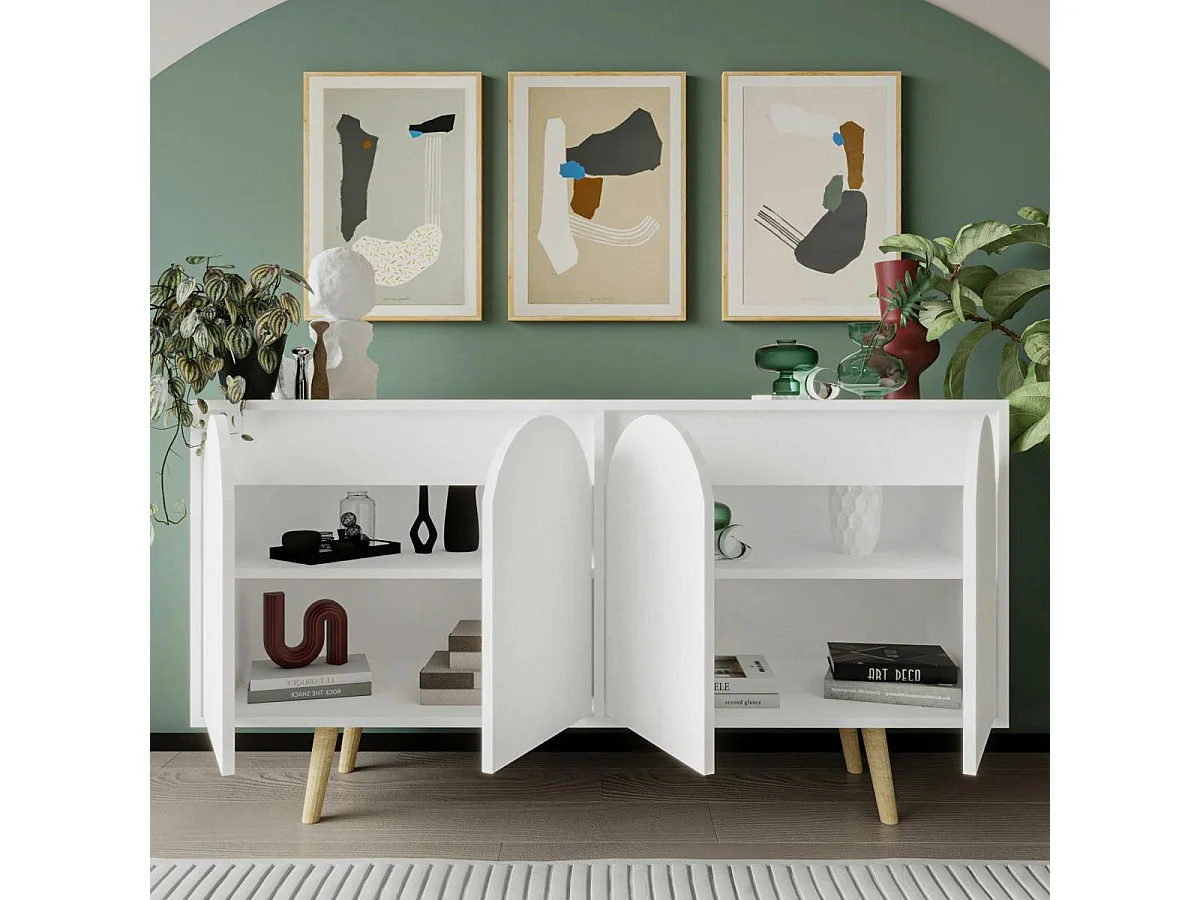Buffet salle à manger blanc 4 portes courbes VAREN
