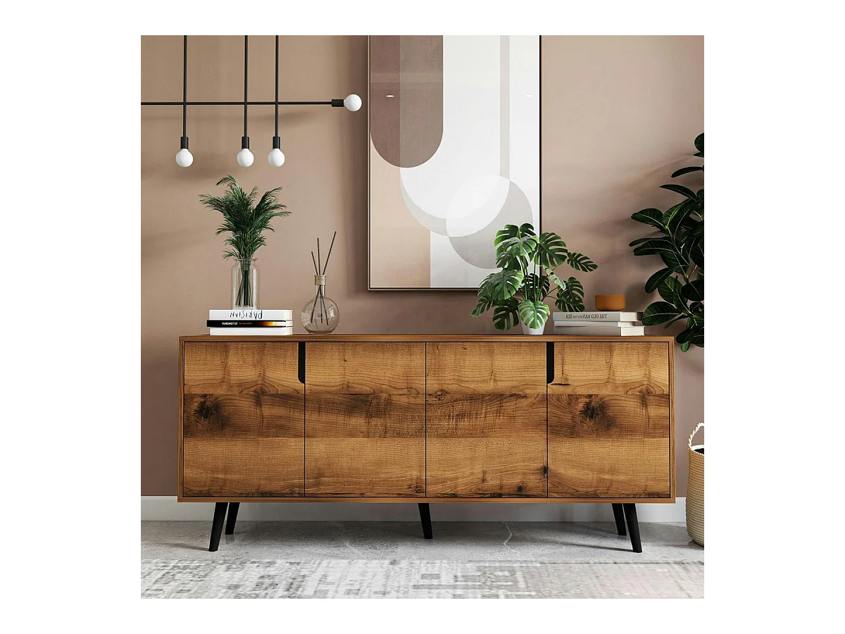 Buffet salle à manger moderne 4 portes effet noyer MARFA