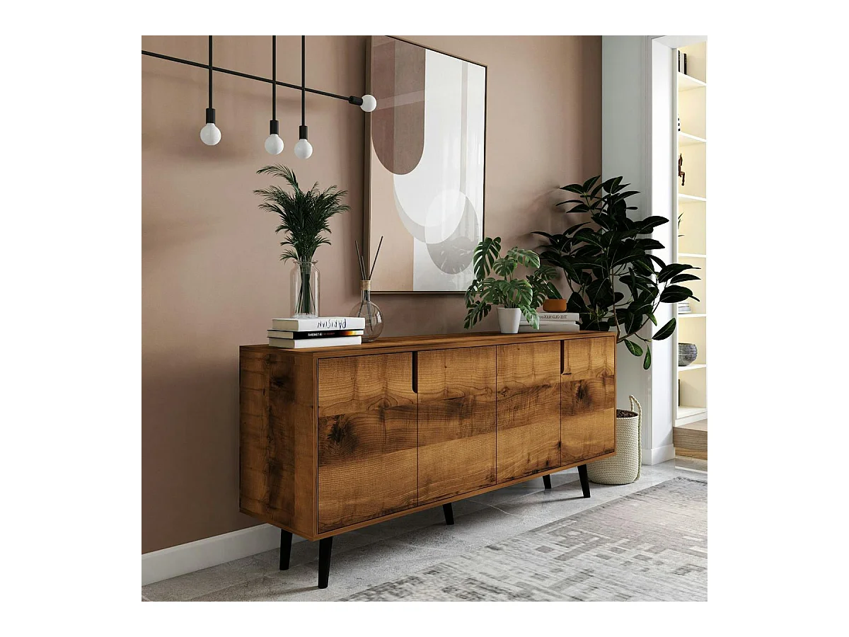 Buffet salle à manger moderne 4 portes effet noyer MARFA