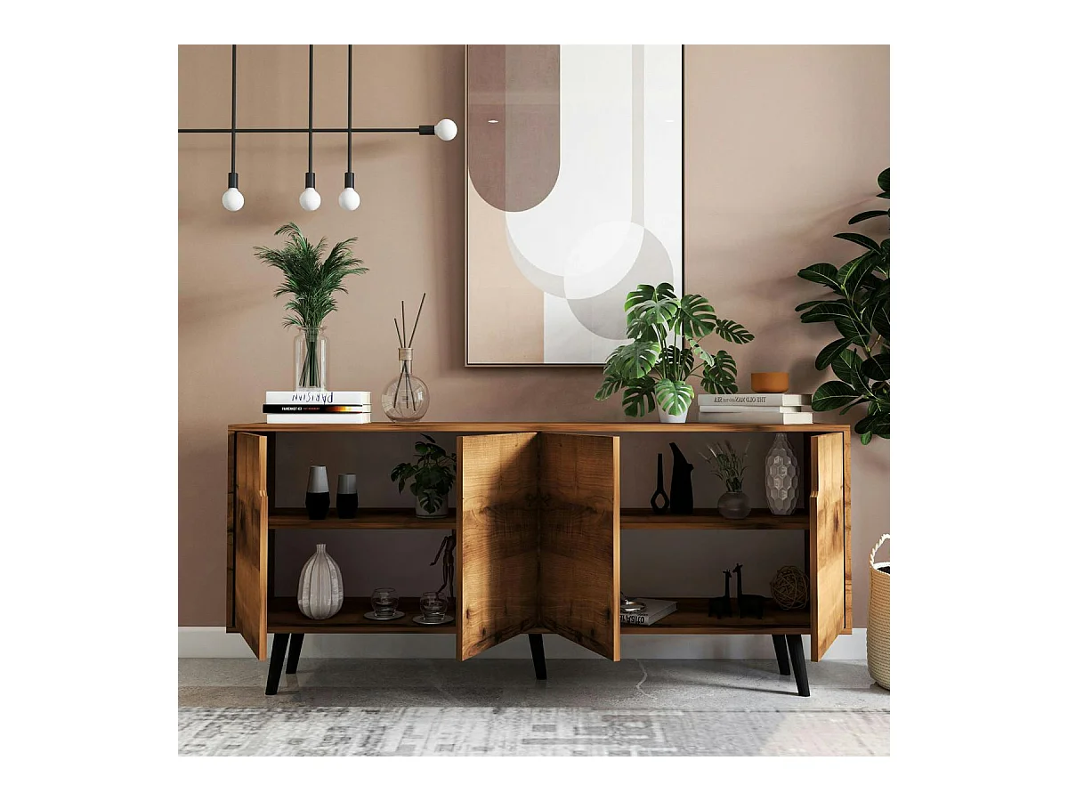 Buffet salle à manger moderne 4 portes effet noyer MARFA
