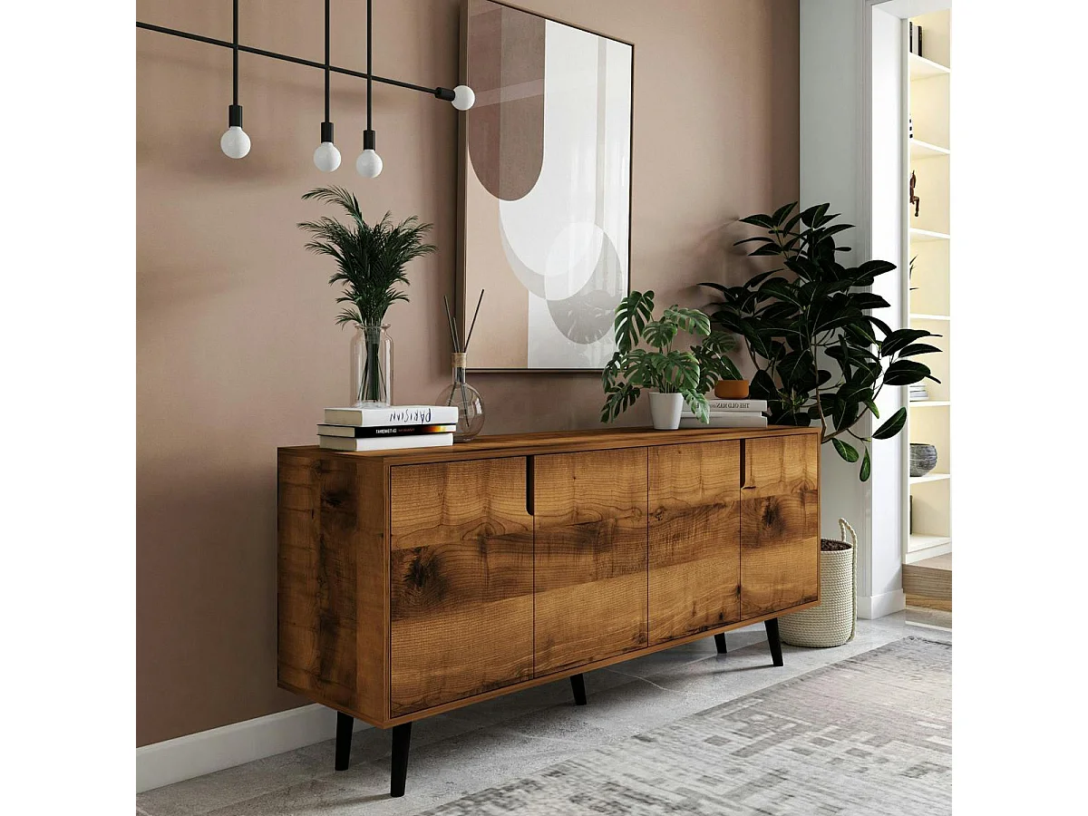 Buffet salle à manger moderne 4 portes effet noyer MARFA