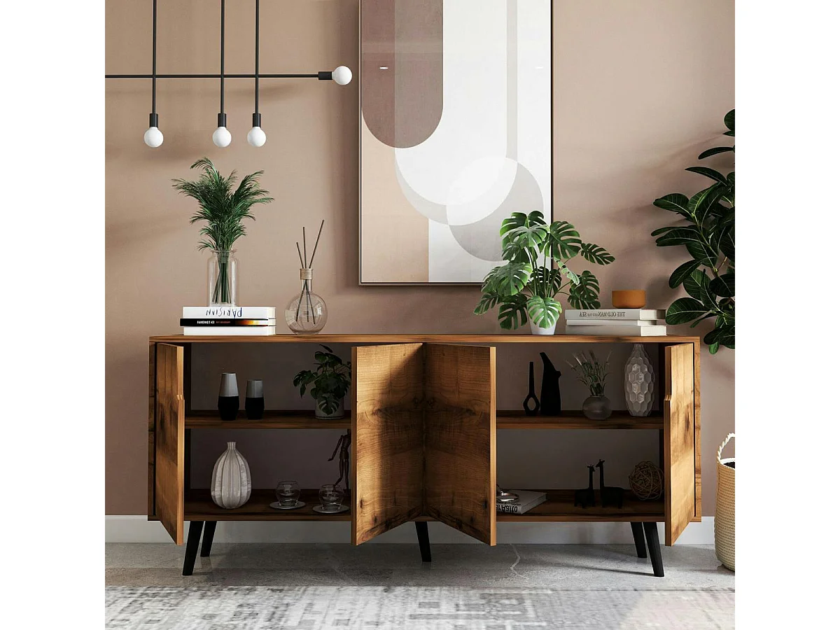Buffet salle à manger moderne 4 portes effet noyer MARFA