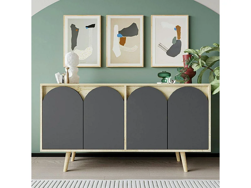 Buffet salle à manger effet bois 4 portes courbes grises VAREN