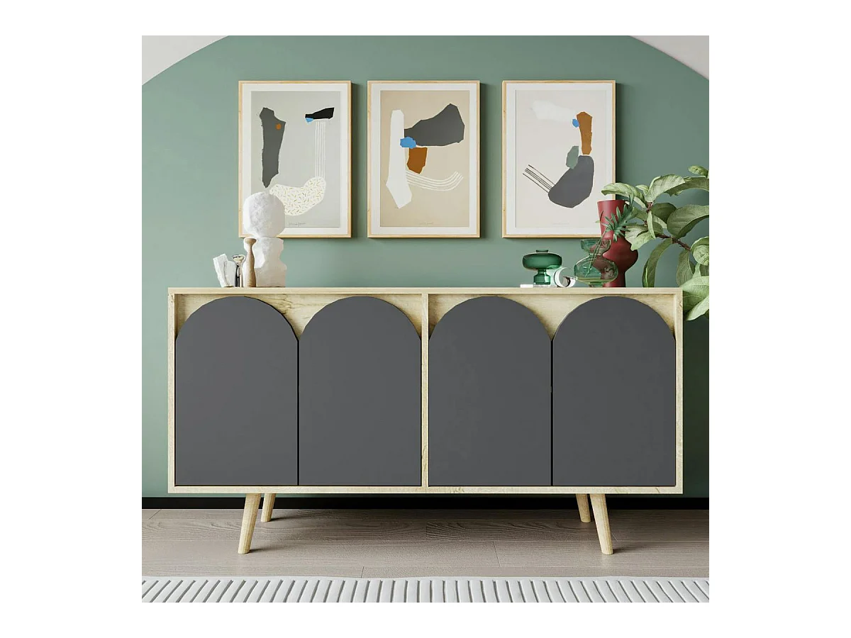 Buffet salle à manger effet bois 4 portes courbes grises VAREN