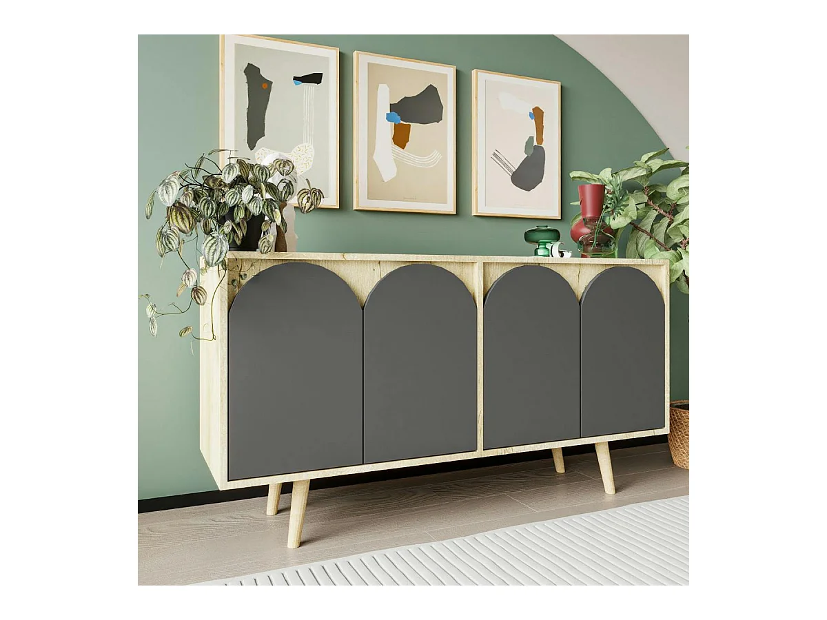 Buffet salle à manger effet bois 4 portes courbes grises VAREN