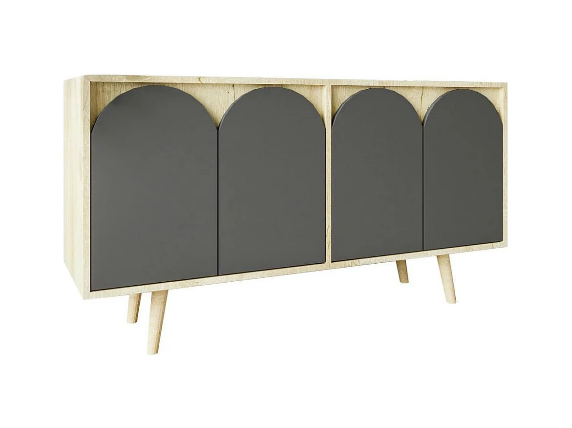 Buffet salle à manger effet bois 4 portes courbes grises VAREN