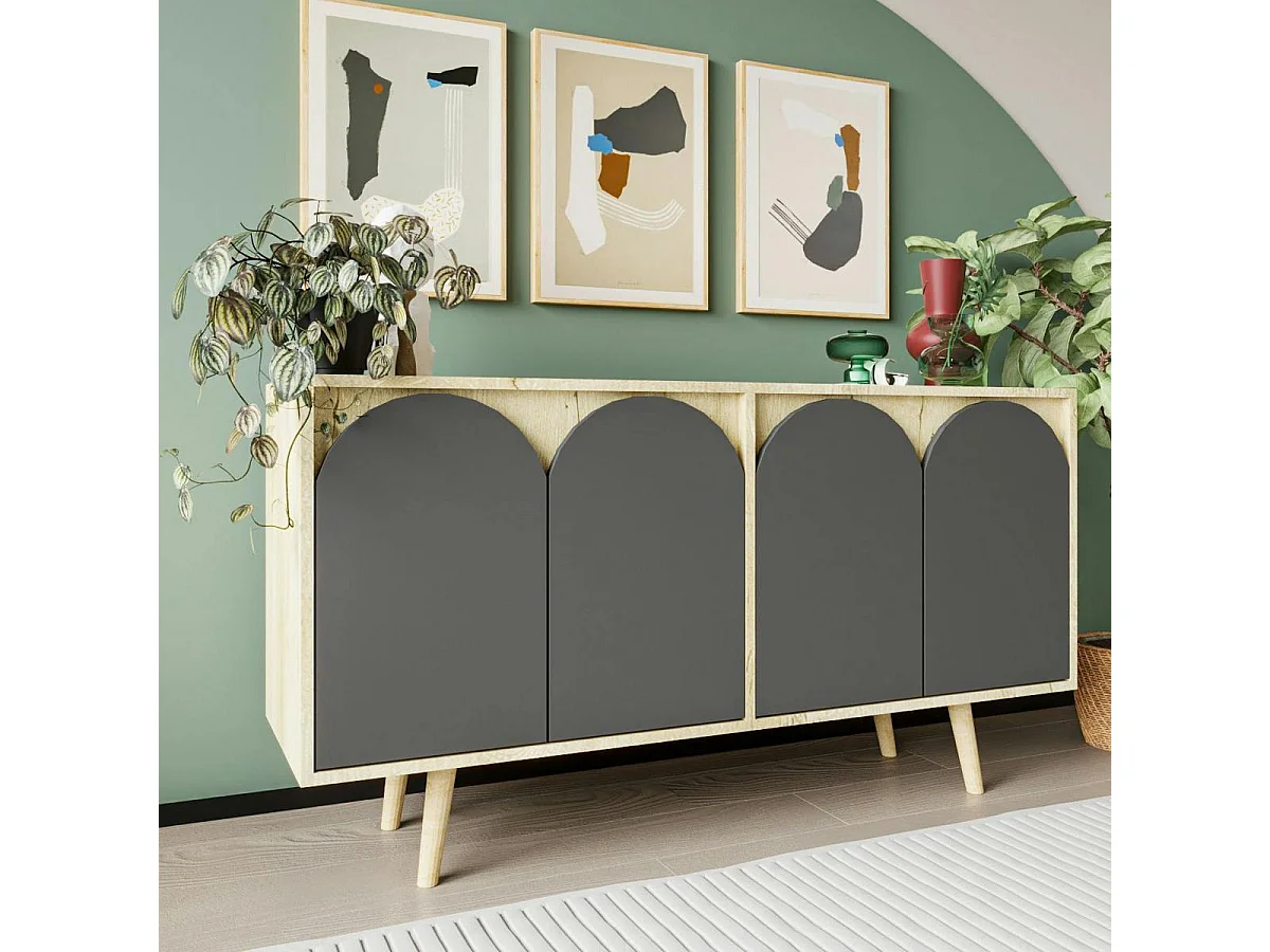 Buffet salle à manger effet bois 4 portes courbes grises VAREN