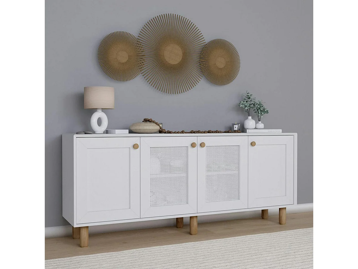 Buffet salle à manger blanc avec détail cannage VAREN