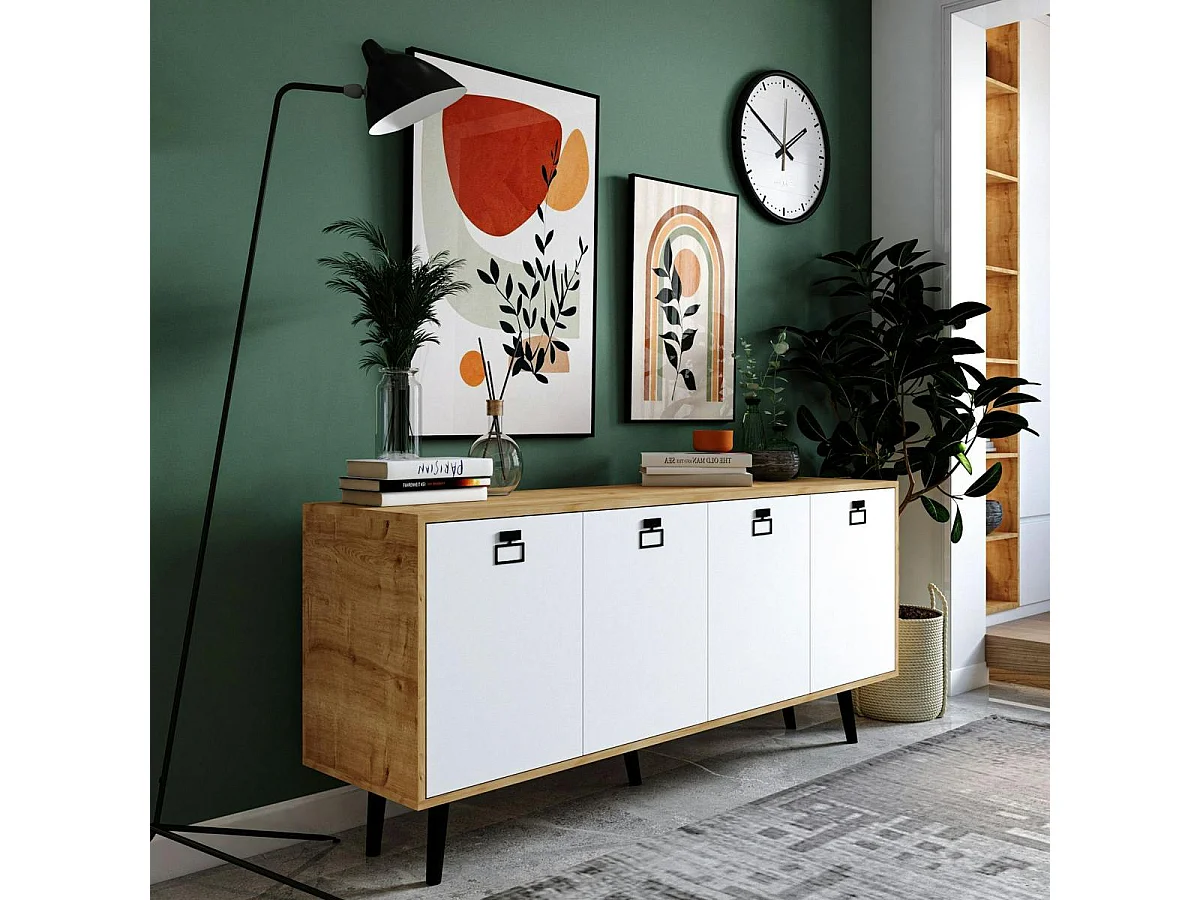 Buffet bas blanc et effet bois, poignées noires MARFA