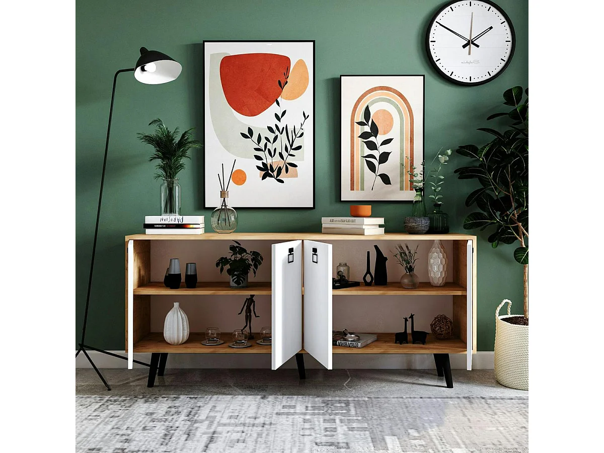 Buffet bas blanc et effet bois, poignées noires MARFA