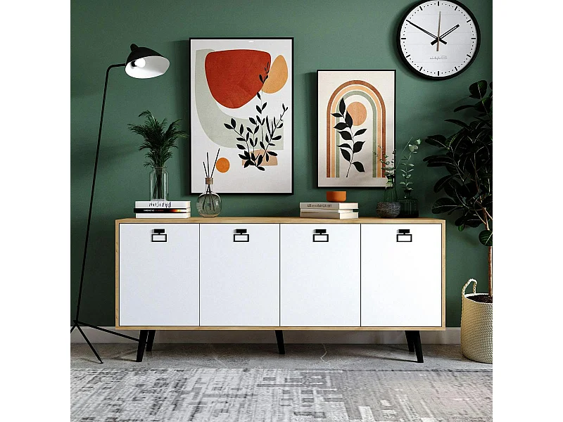 Buffet bas blanc et effet bois, poignées noires MARFA