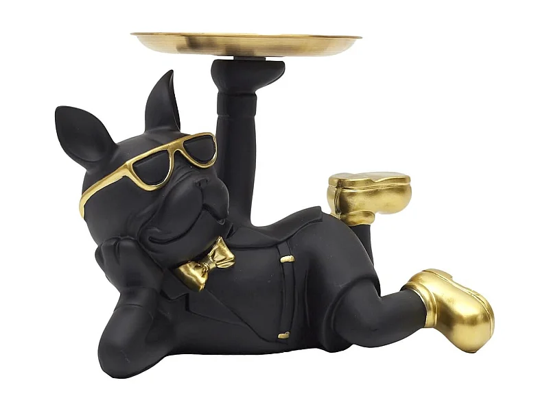 Vide-Poche bulldog couché noir et or plateau servi