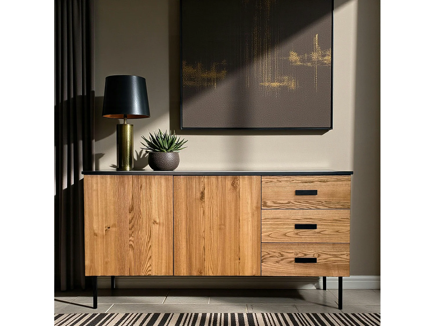 Buffet bas 2 portes en bois bicolore, façade ondulée TARAN