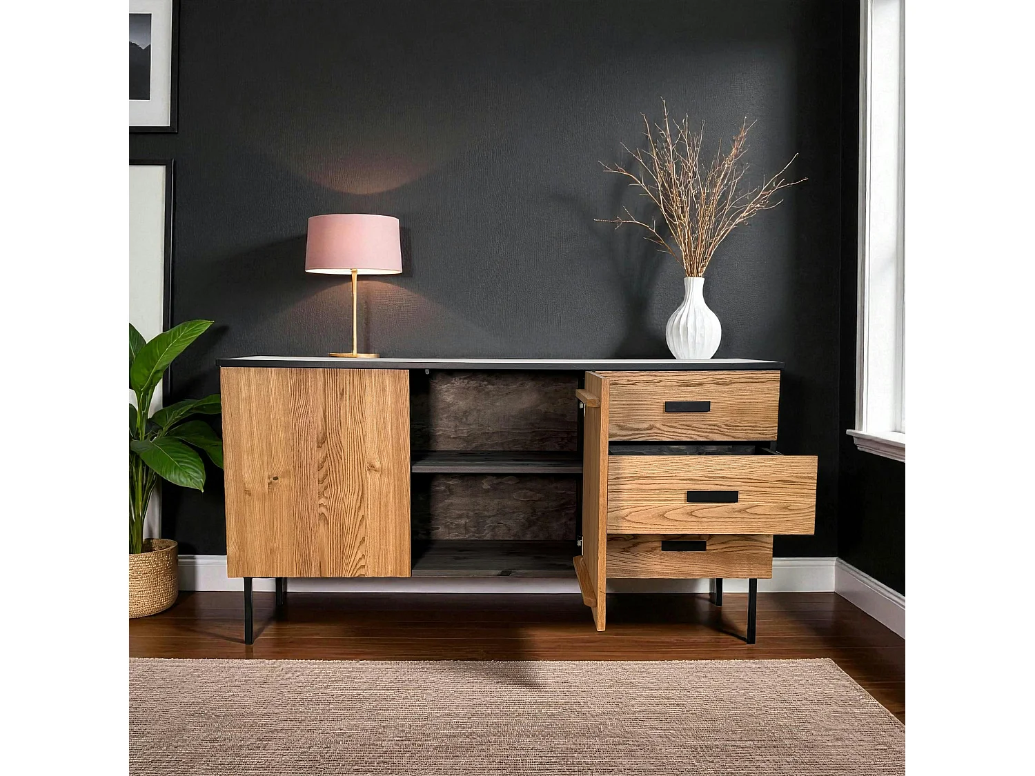 Buffet bas 2 portes en bois bicolore, façade ondulée TARAN