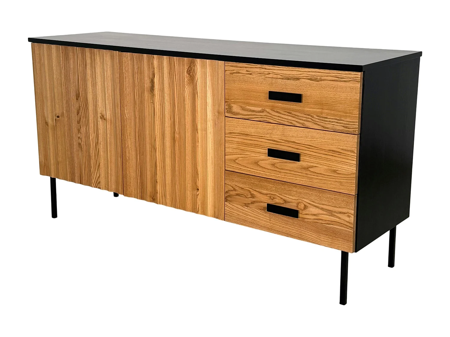 Buffet bas 2 portes en bois bicolore, façade ondulée TARAN