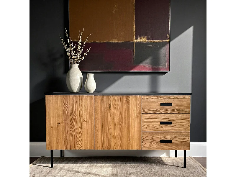 Buffet bas 2 portes en bois bicolore, façade ondulée TARAN