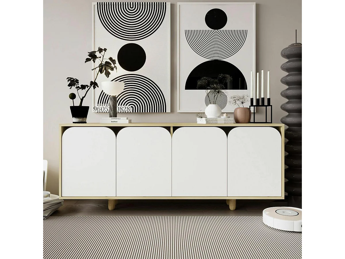 Buffet bas moderne effet bois 4 portes blanches VAREN