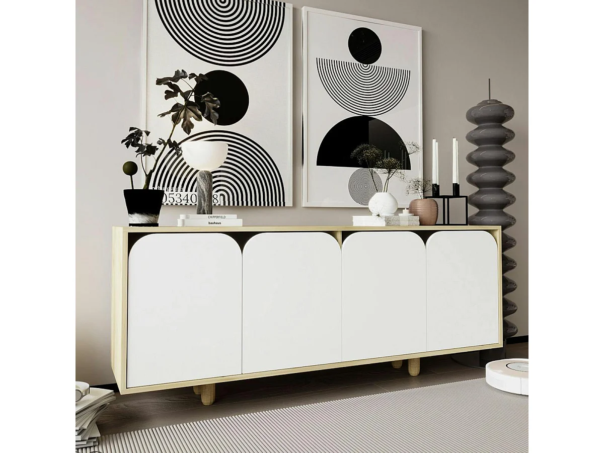 Buffet bas moderne effet bois 4 portes blanches VAREN