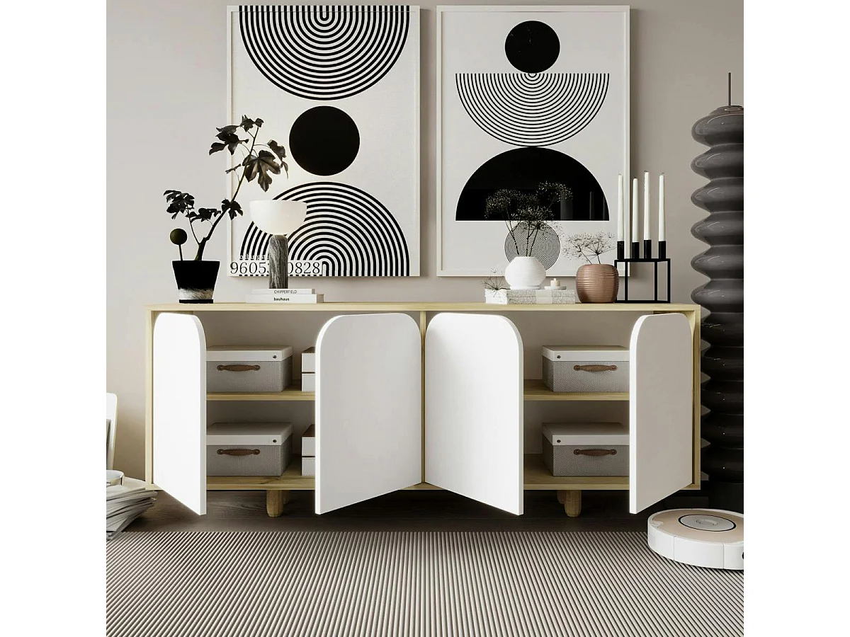 Buffet bas moderne effet bois 4 portes blanches VAREN