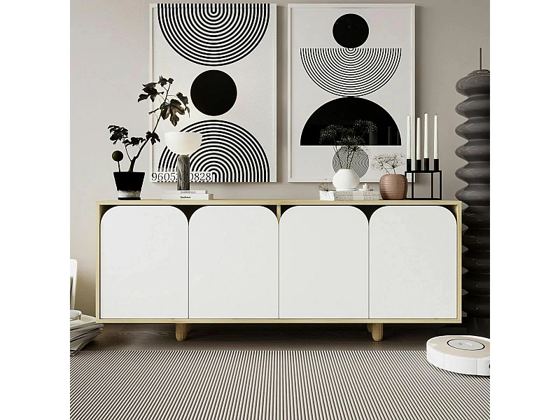 Buffet bas moderne effet bois 4 portes blanches VAREN