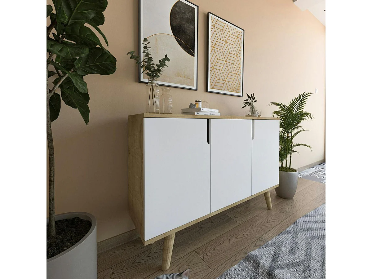 Buffet salle à manger moderne effet bois portes blanches MARFA