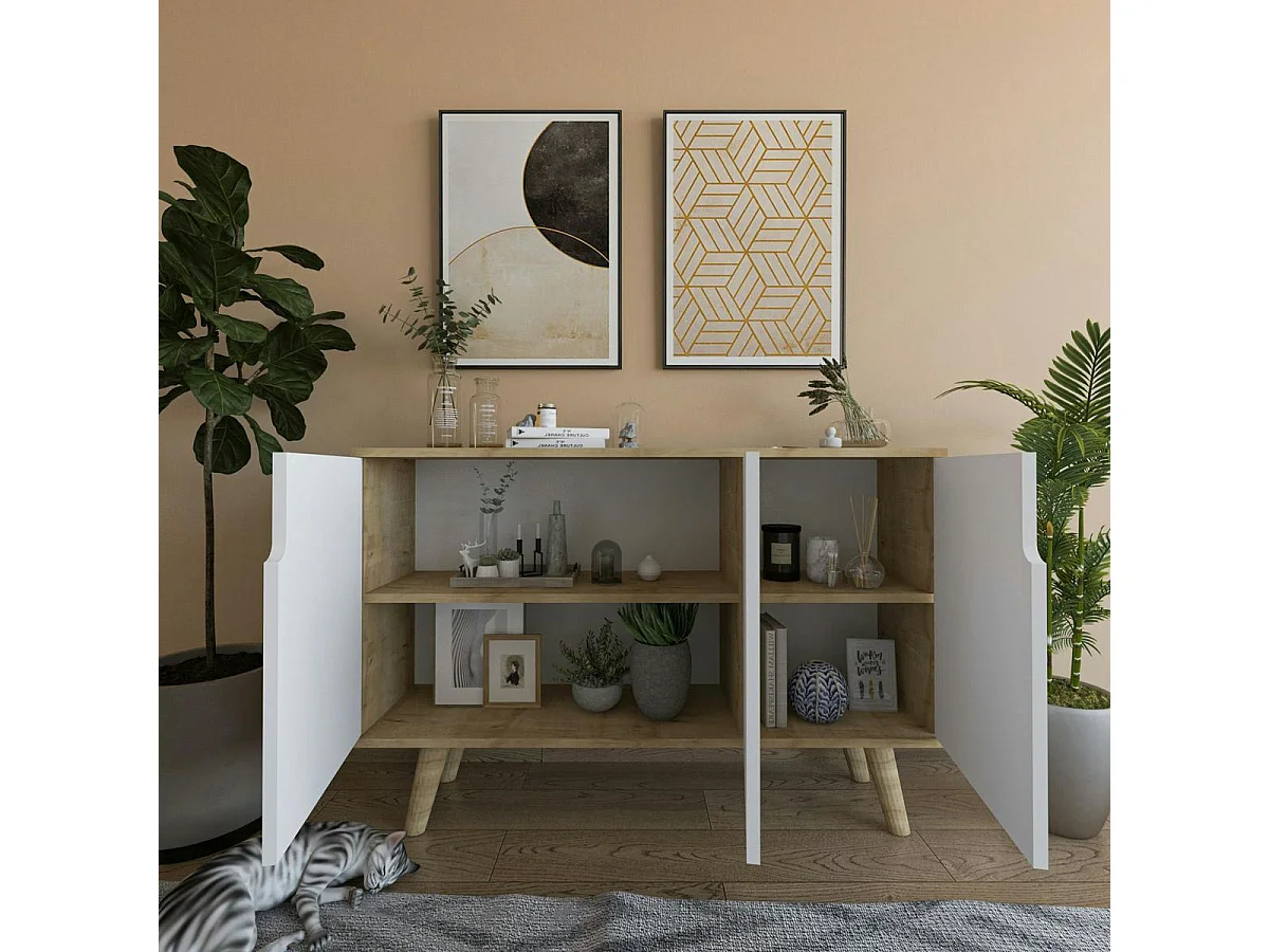 Buffet salle à manger moderne effet bois portes blanches MARFA