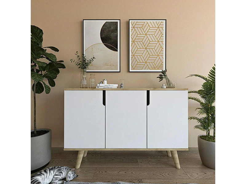 Buffet salle à manger moderne effet bois portes blanches MARFA