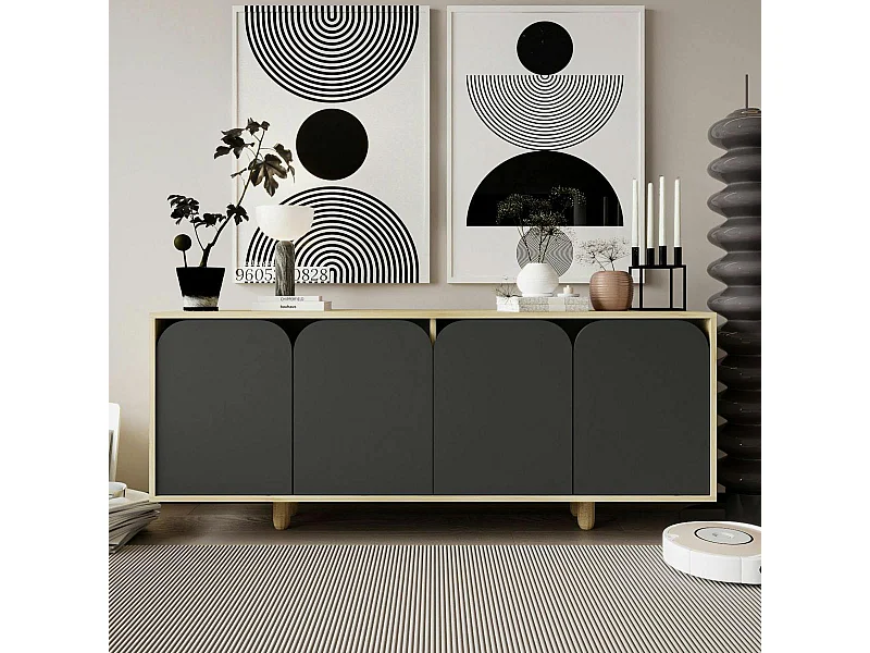 Buffet bas moderne effet bois 4 portes anthracites VAREN