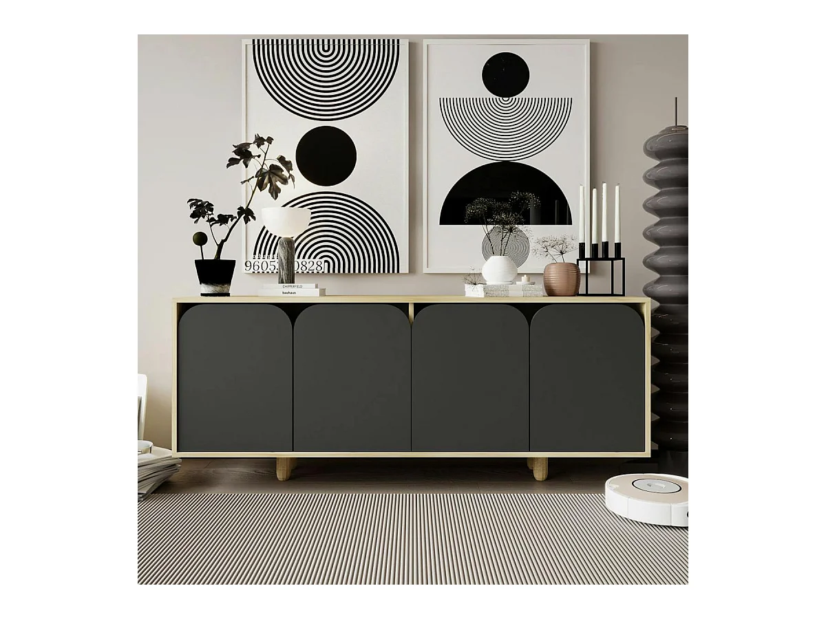 Buffet bas moderne effet bois 4 portes anthracites VAREN