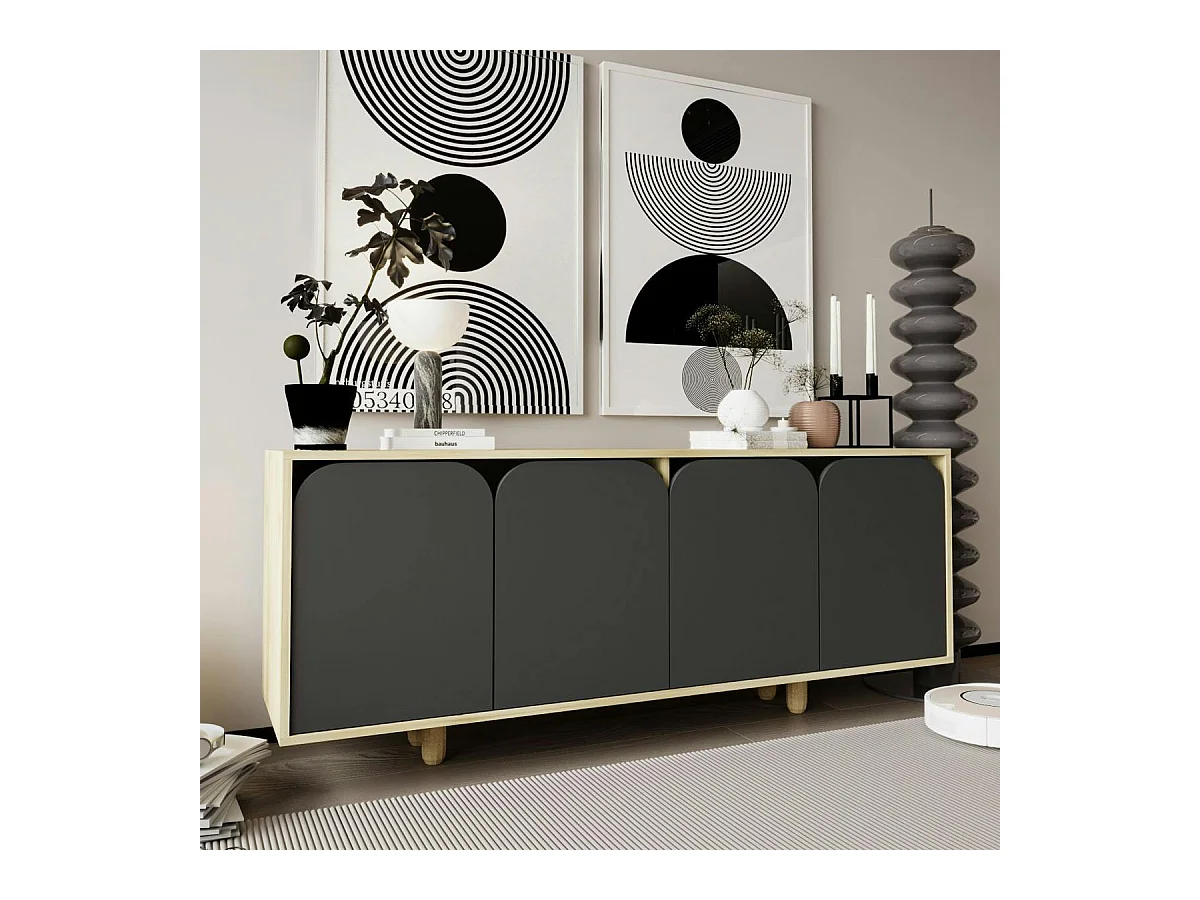 Buffet bas moderne effet bois 4 portes anthracites VAREN