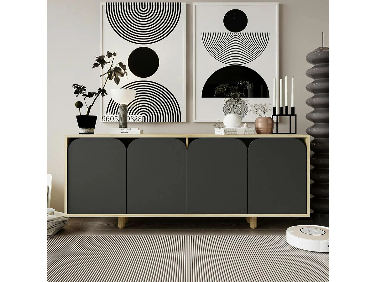 Buffet bas moderne effet bois 4 portes anthracites VAREN