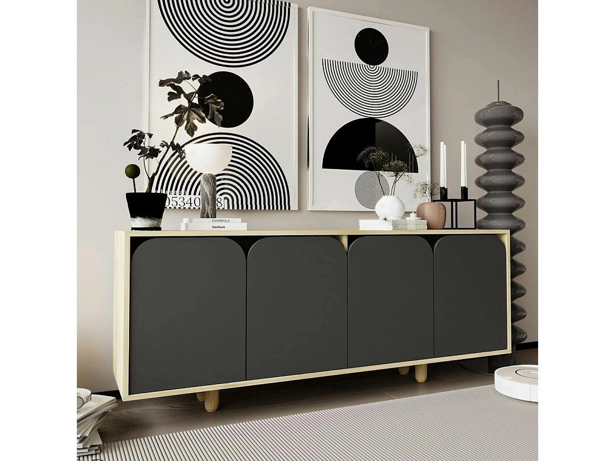 Buffet bas moderne effet bois 4 portes anthracites VAREN