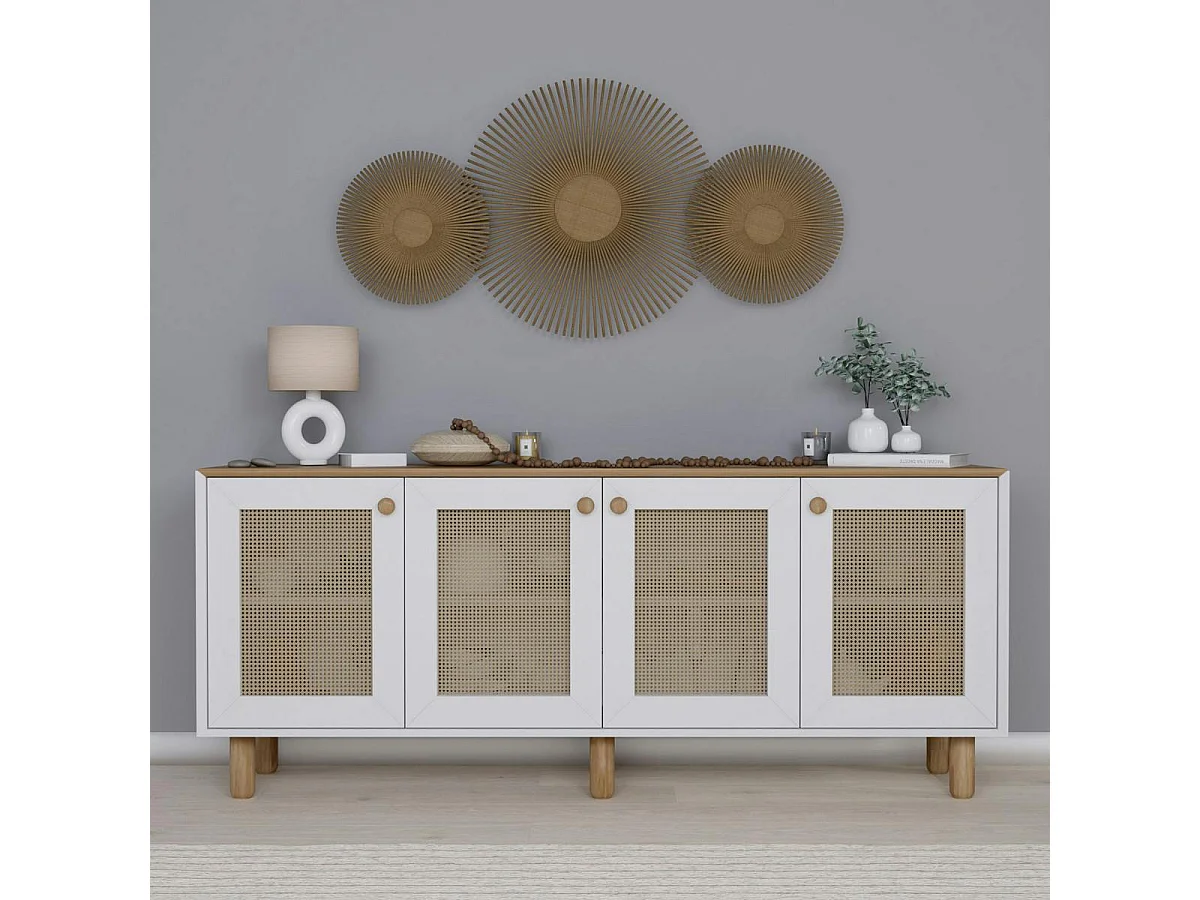 Buffet salle à manger blanc, cannage et effet noyer clair VAREN