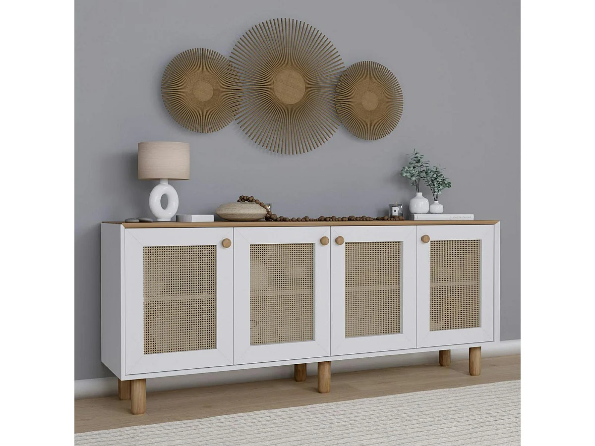 Buffet salle à manger blanc, cannage et effet noyer clair VAREN