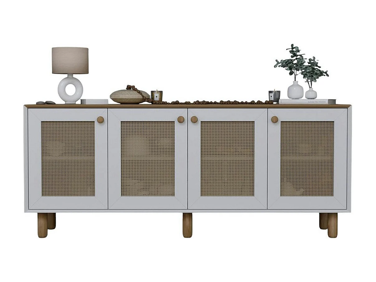 Buffet salle à manger blanc, cannage et effet noyer clair VAREN