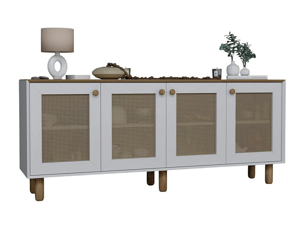 Buffet salle à manger blanc, cannage et effet noyer clair VAREN