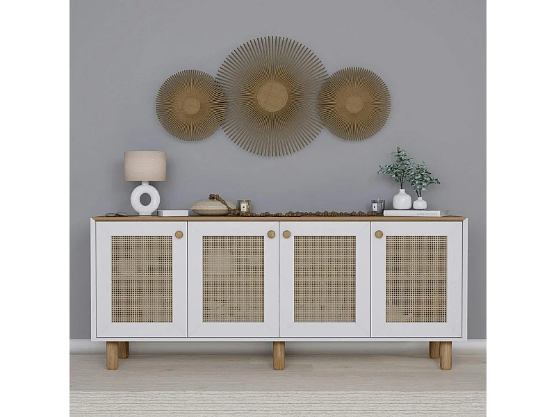Buffet salle à manger blanc, cannage et effet noyer clair VAREN