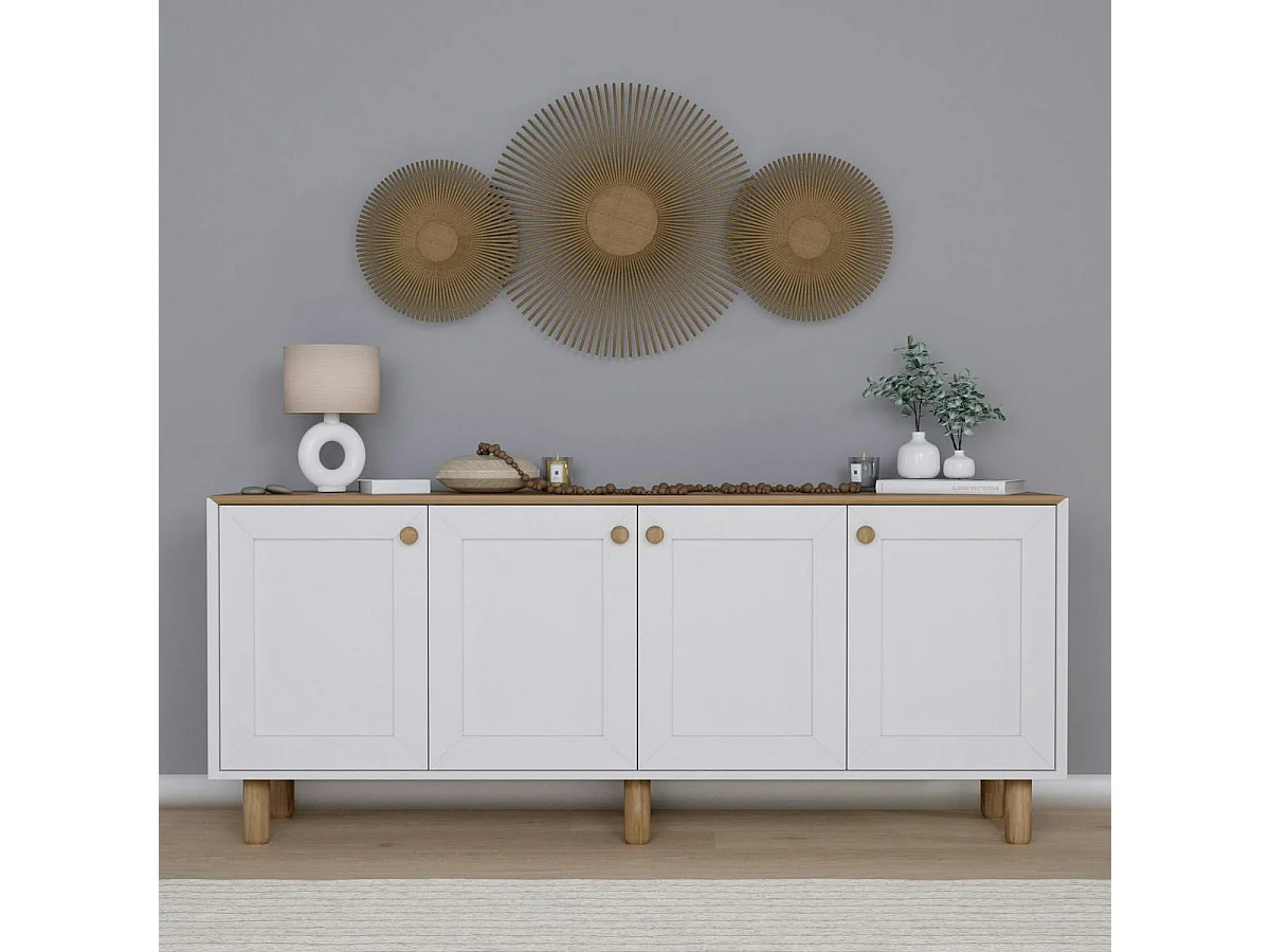 Buffet salle à manger blanc avec plateau effet noyer VAREN