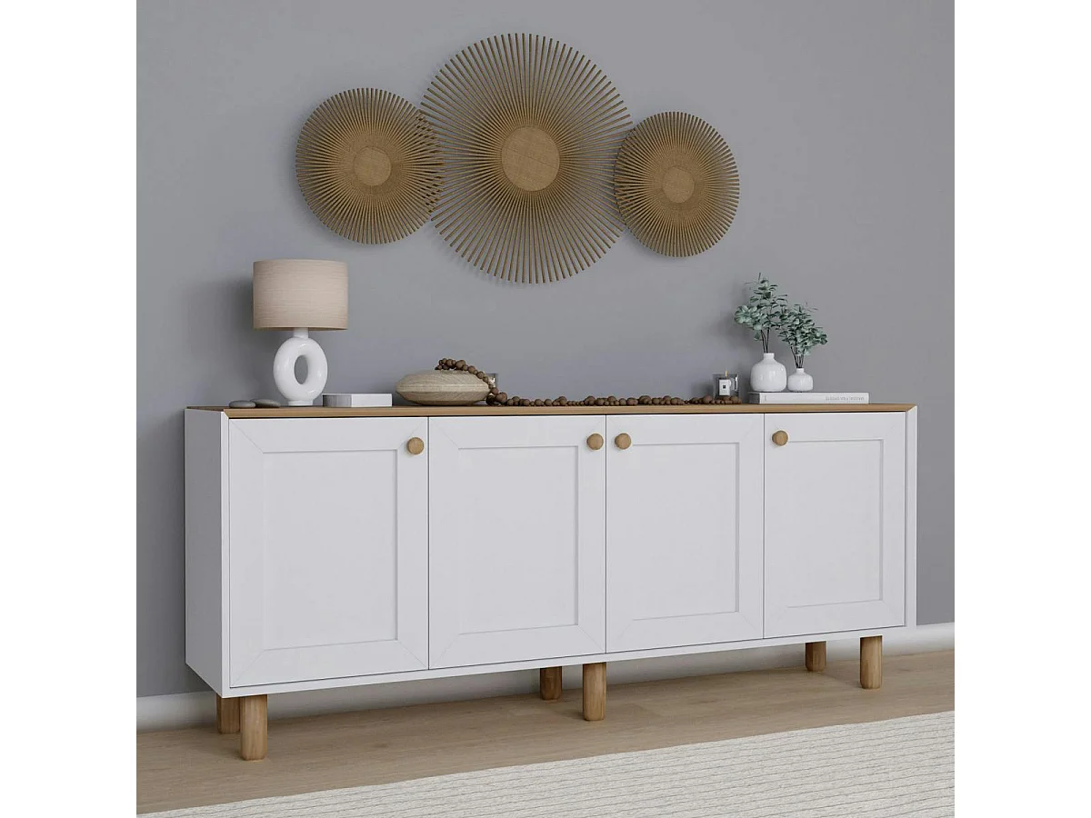 Buffet salle à manger blanc avec plateau effet noyer VAREN