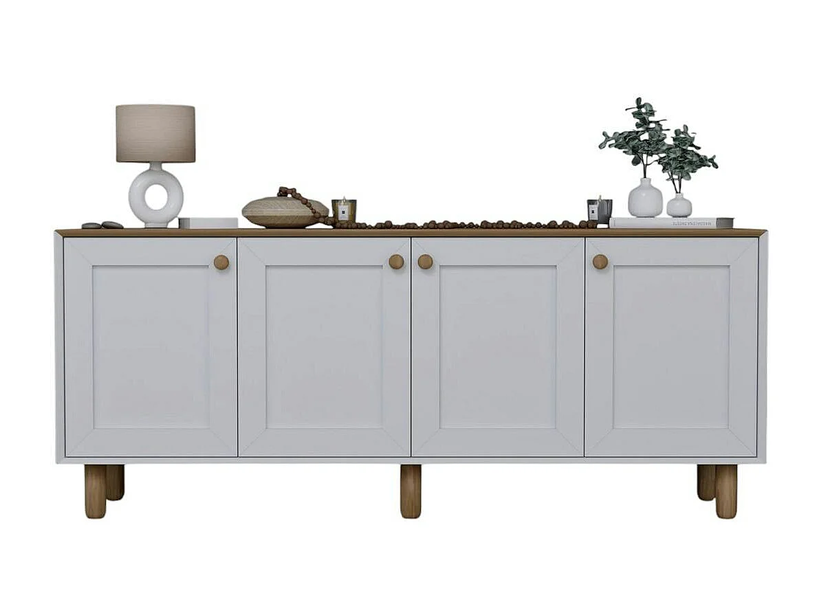 Buffet salle à manger blanc avec plateau effet noyer VAREN