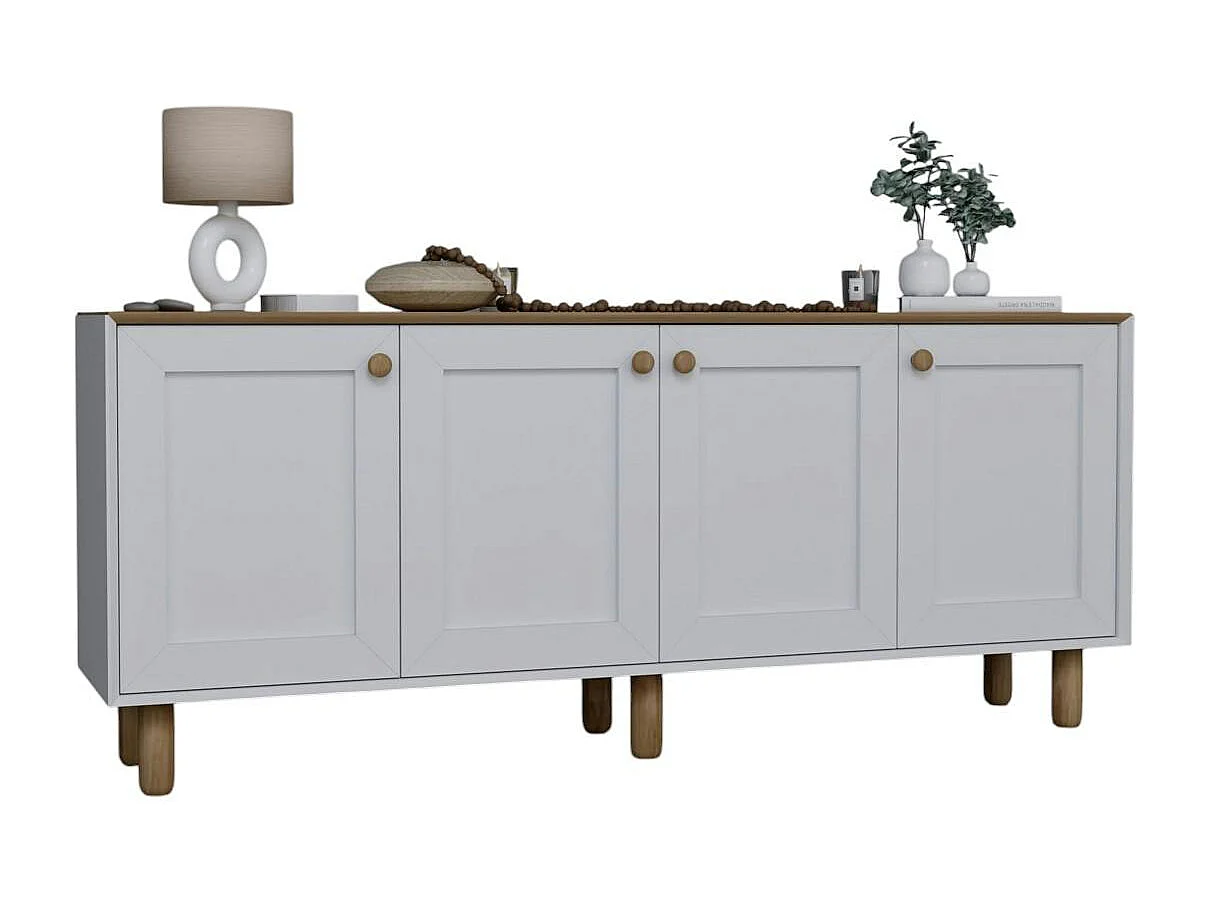 Buffet salle à manger blanc avec plateau effet noyer VAREN