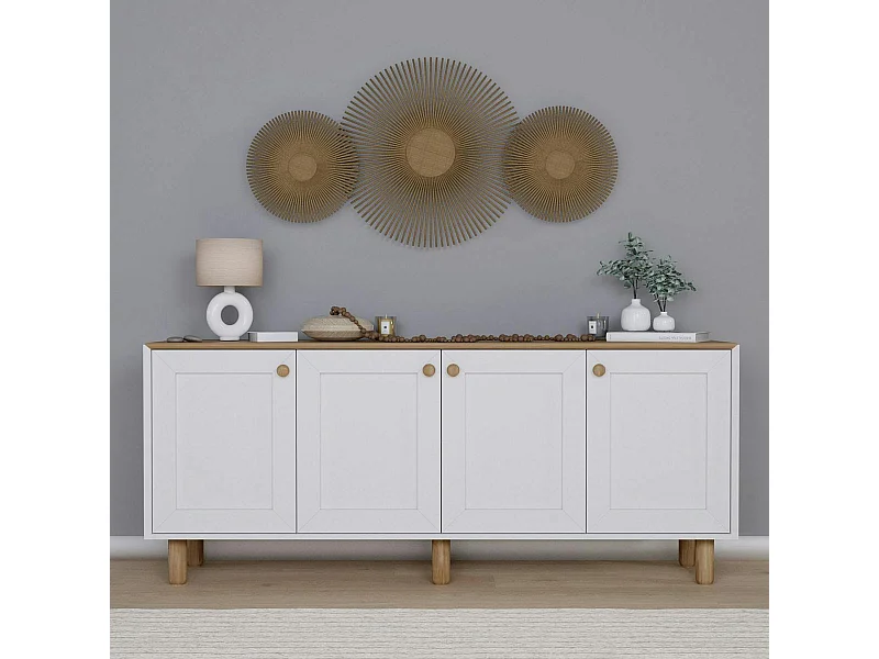 Buffet salle à manger blanc avec plateau effet noyer VAREN