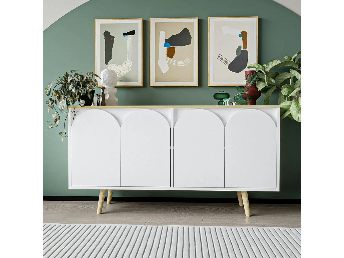 Buffet blanc 4 portes courbes et plateau effet bois VAREN