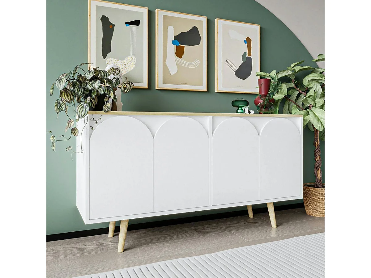 Buffet blanc 4 portes courbes et plateau effet bois VAREN