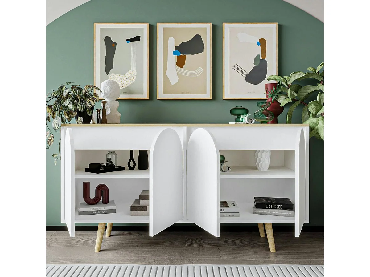 Buffet blanc 4 portes courbes et plateau effet bois VAREN