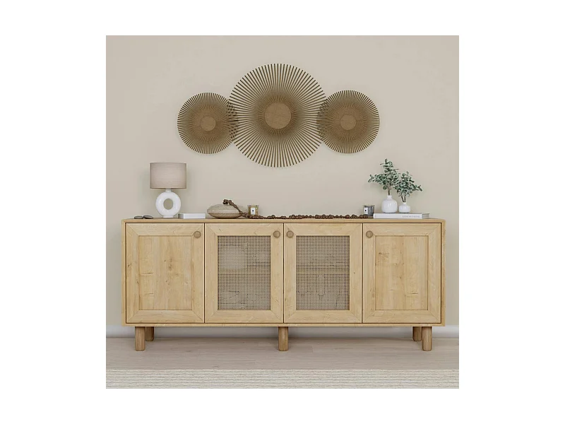 Buffet salle à manger moderne effet bois détail cannage VAREN