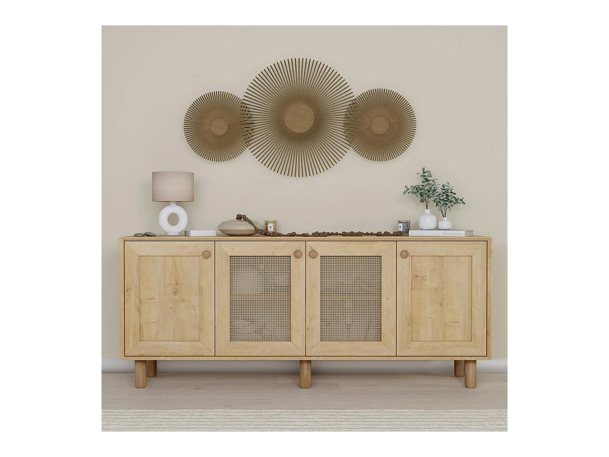 Buffet salle à manger moderne effet bois détail cannage VAREN